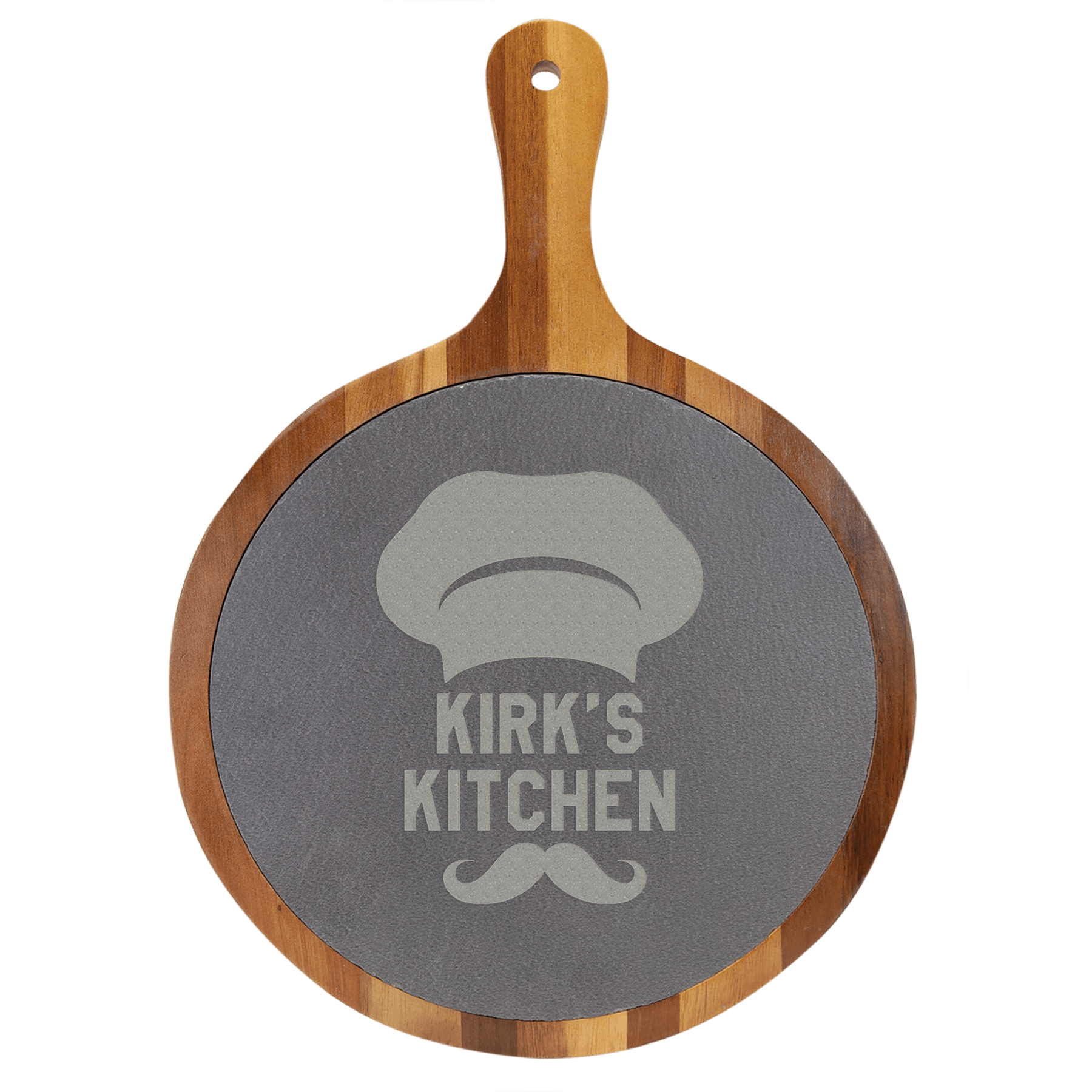 Custom Engraved Round Acacia Wood and Slate Cutting Board with Handle 10 1/2" x 14 1/2"