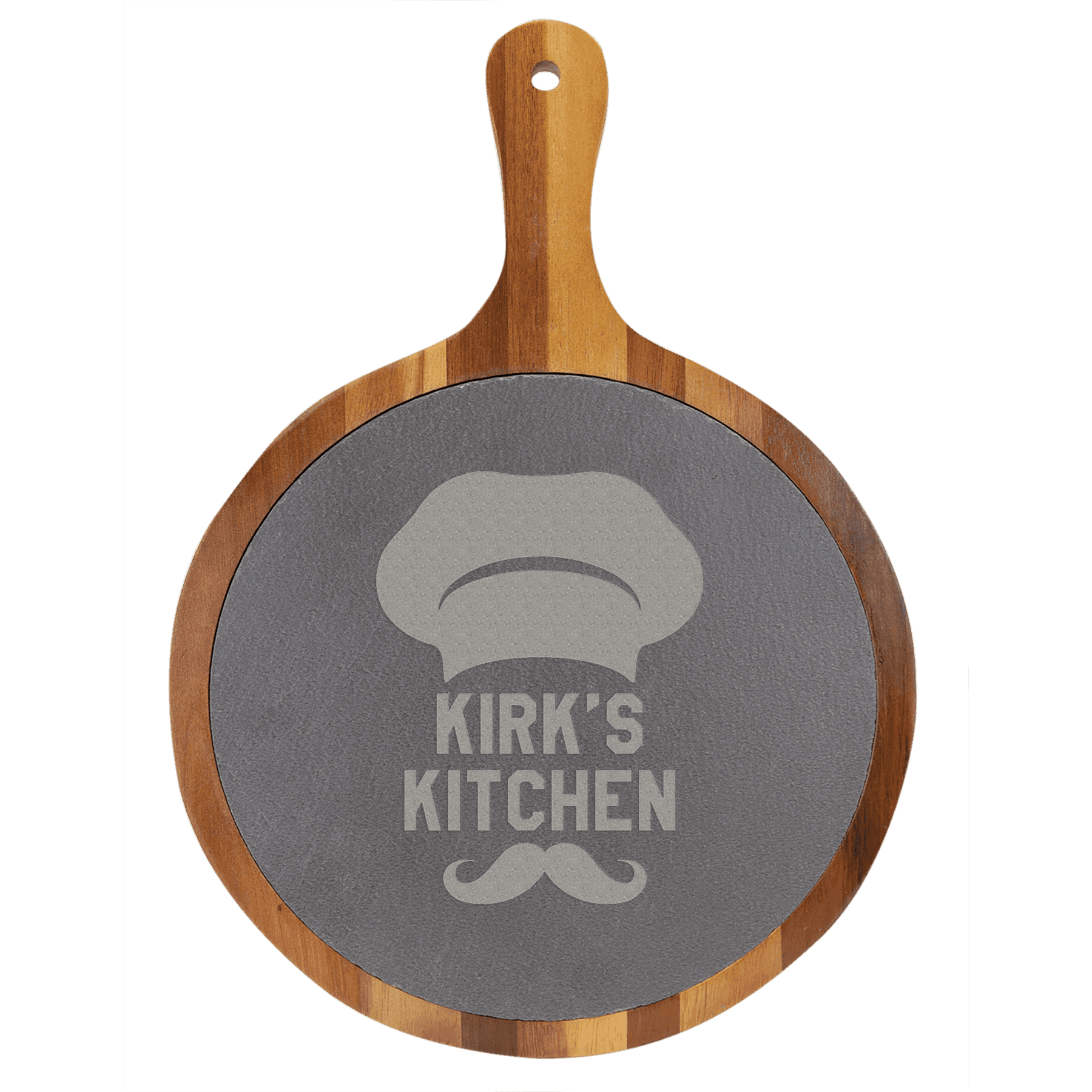 Custom Engraved Round Acacia Wood and Slate Cutting Board with Handle 10 1/2" x 14 1/2"