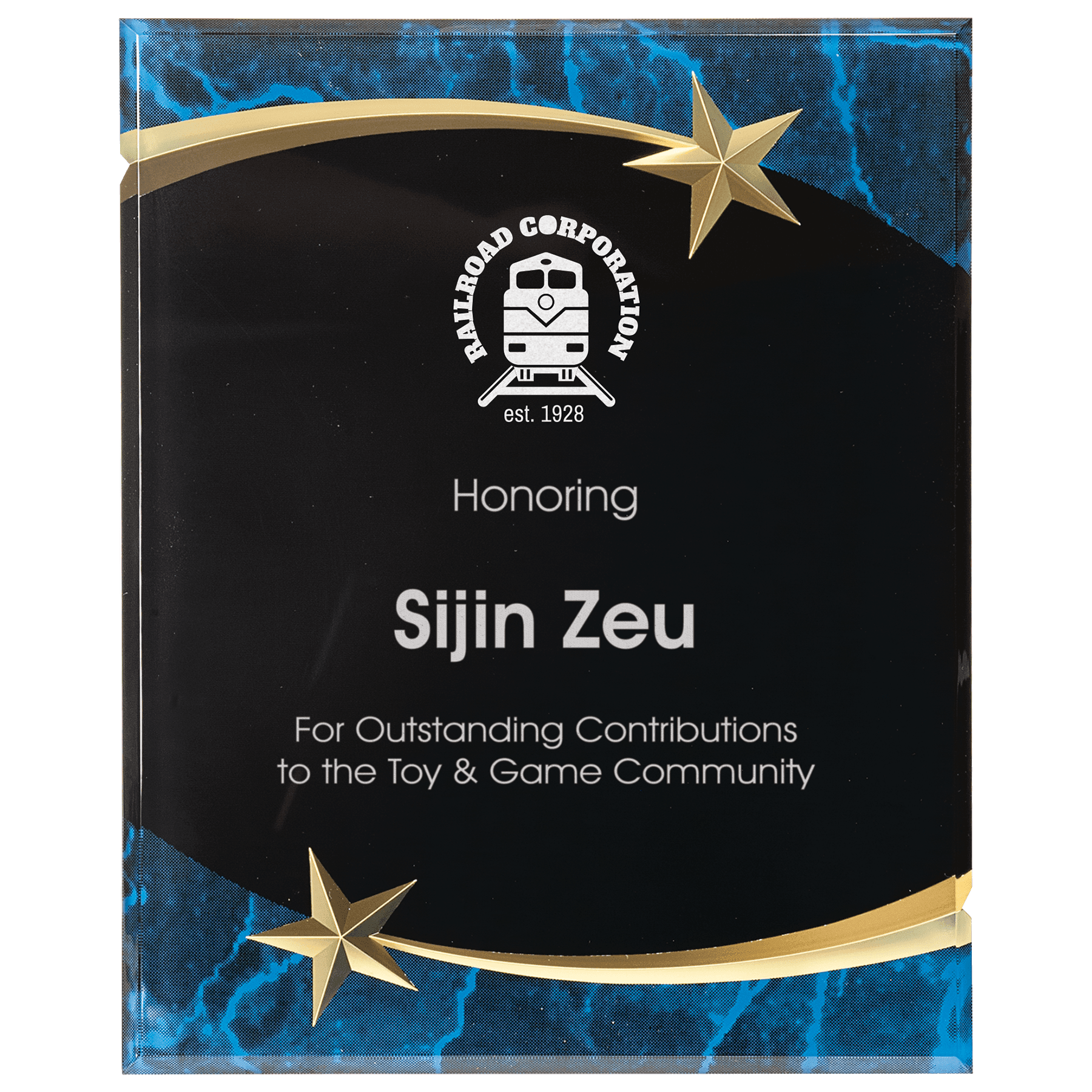 Shooting Star Acrylic Award Plaque – Marbleized & Custom Engraved Blue / 7 x 9"