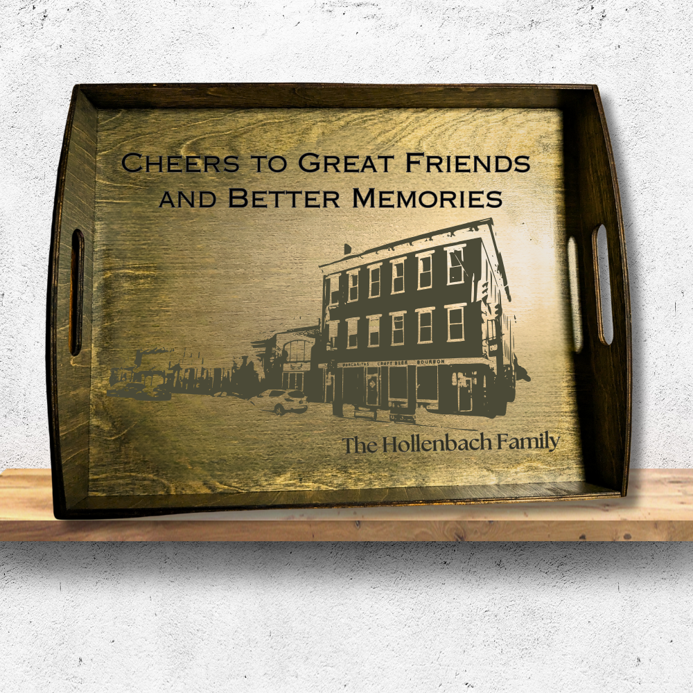 Engraved Serving Trays - With Personalization - Hand-Crafted Birch Wood Cheers to Great Friends Cocktail Tray
