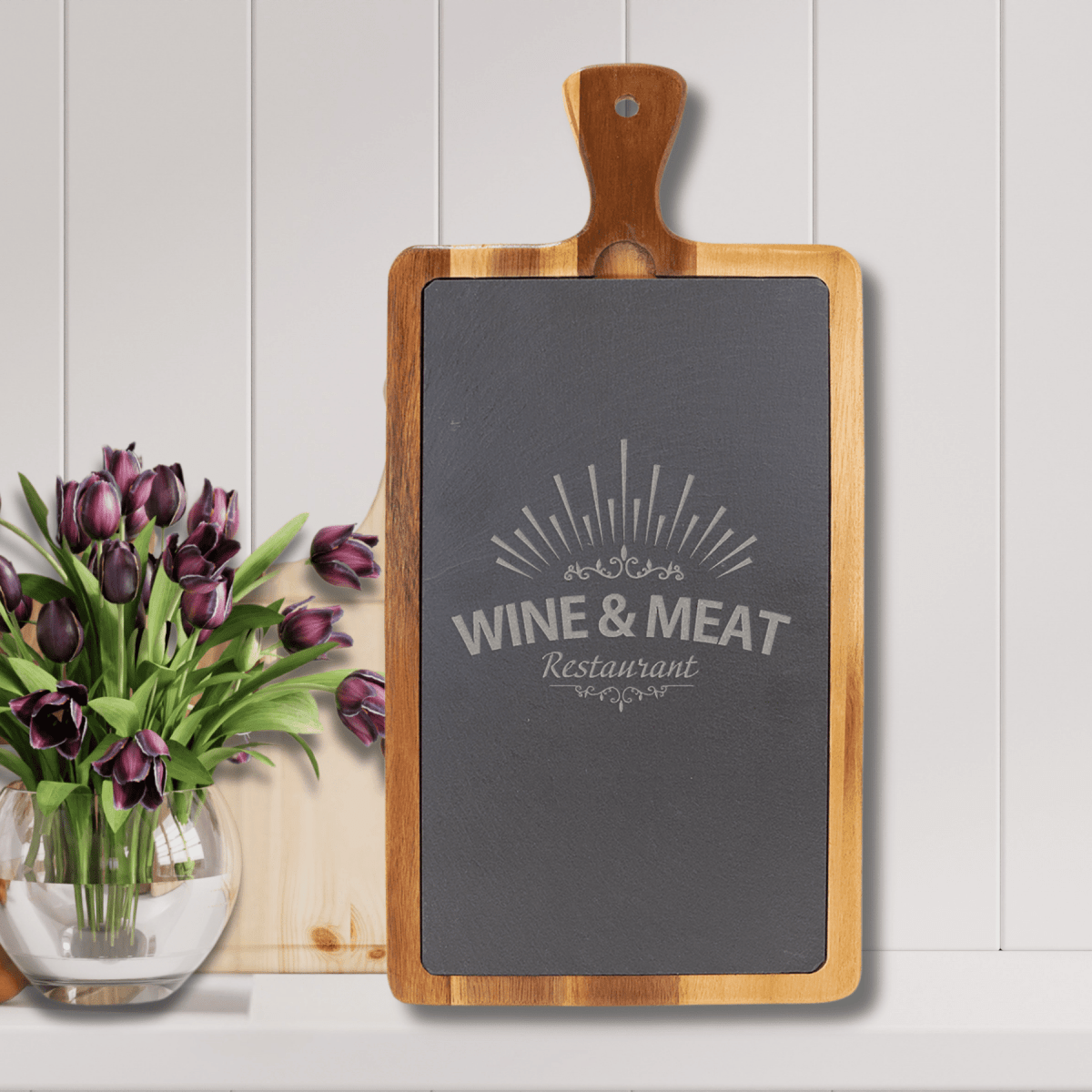 Acacia and Slate Engraved Cutting Boards with Paddle Handle - 13 1/4" x 7"