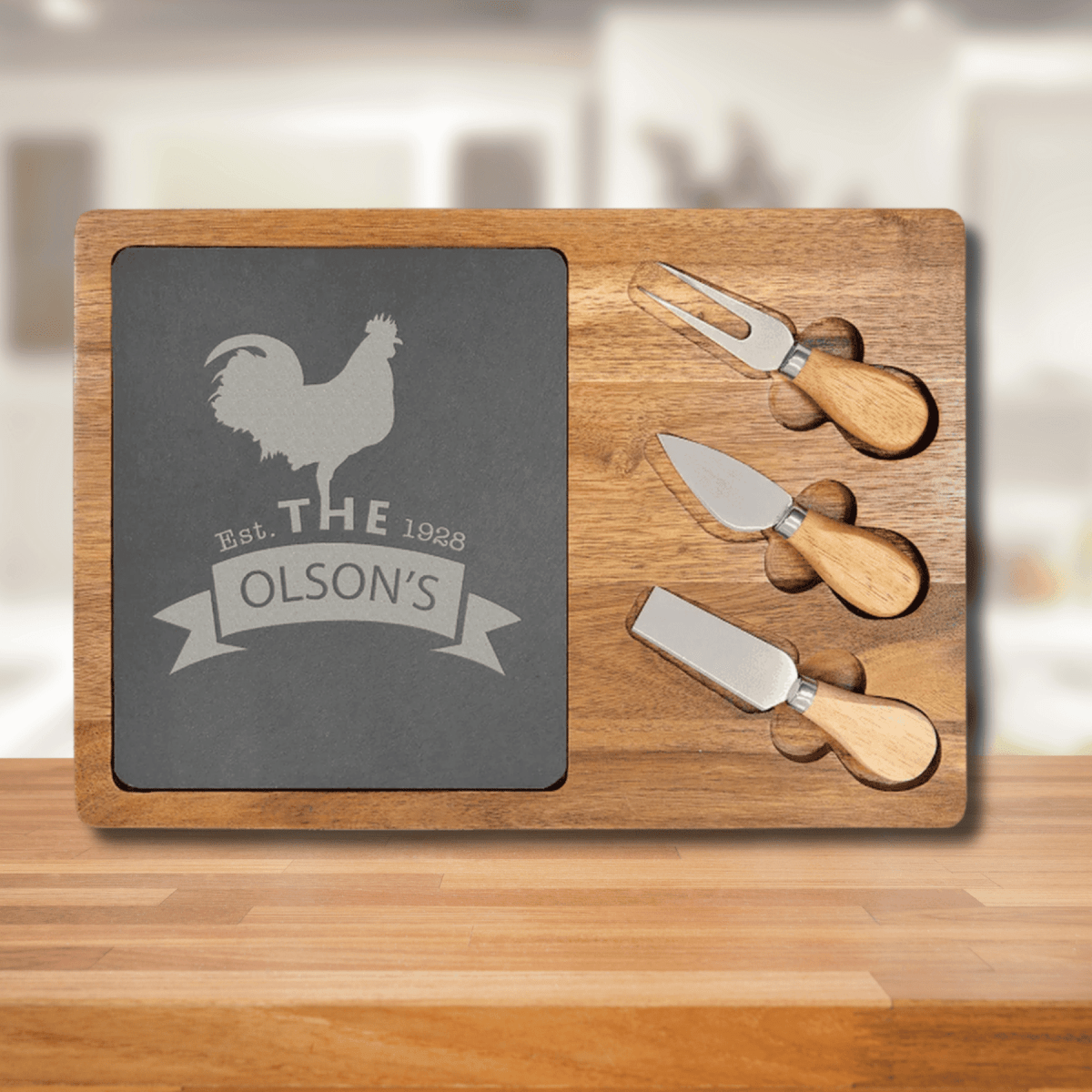 Acacia Wood and Slate Cheese Board Set with Serving Tools - Oval (with 2 Cheese Tools)