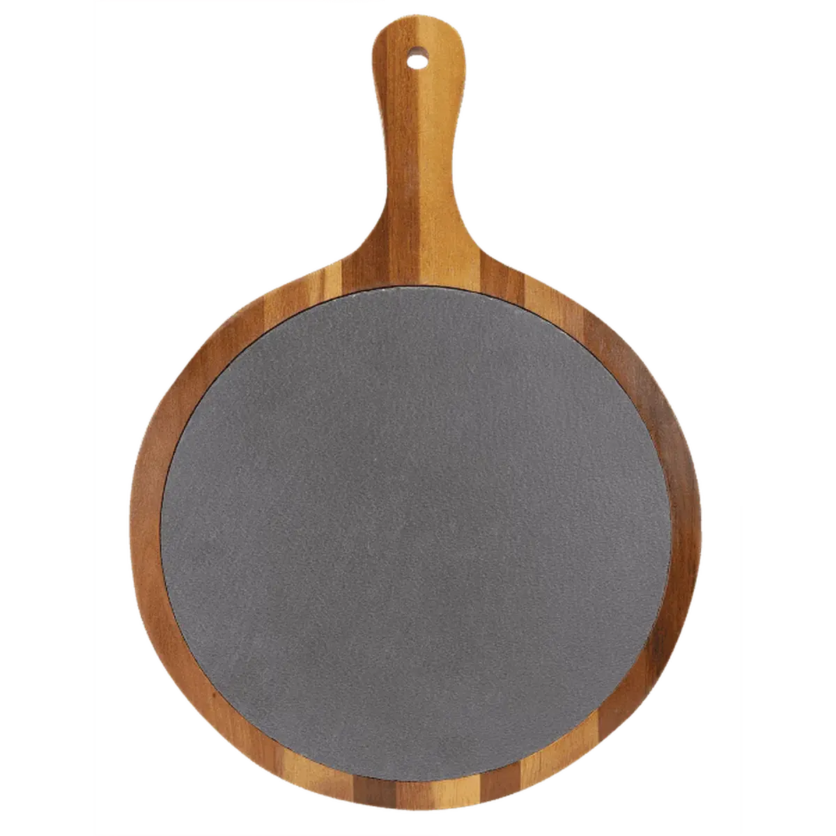 Custom Engraved Round Acacia Wood and Slate Cutting Board with Handle 8 1/4" x 12 1/4"