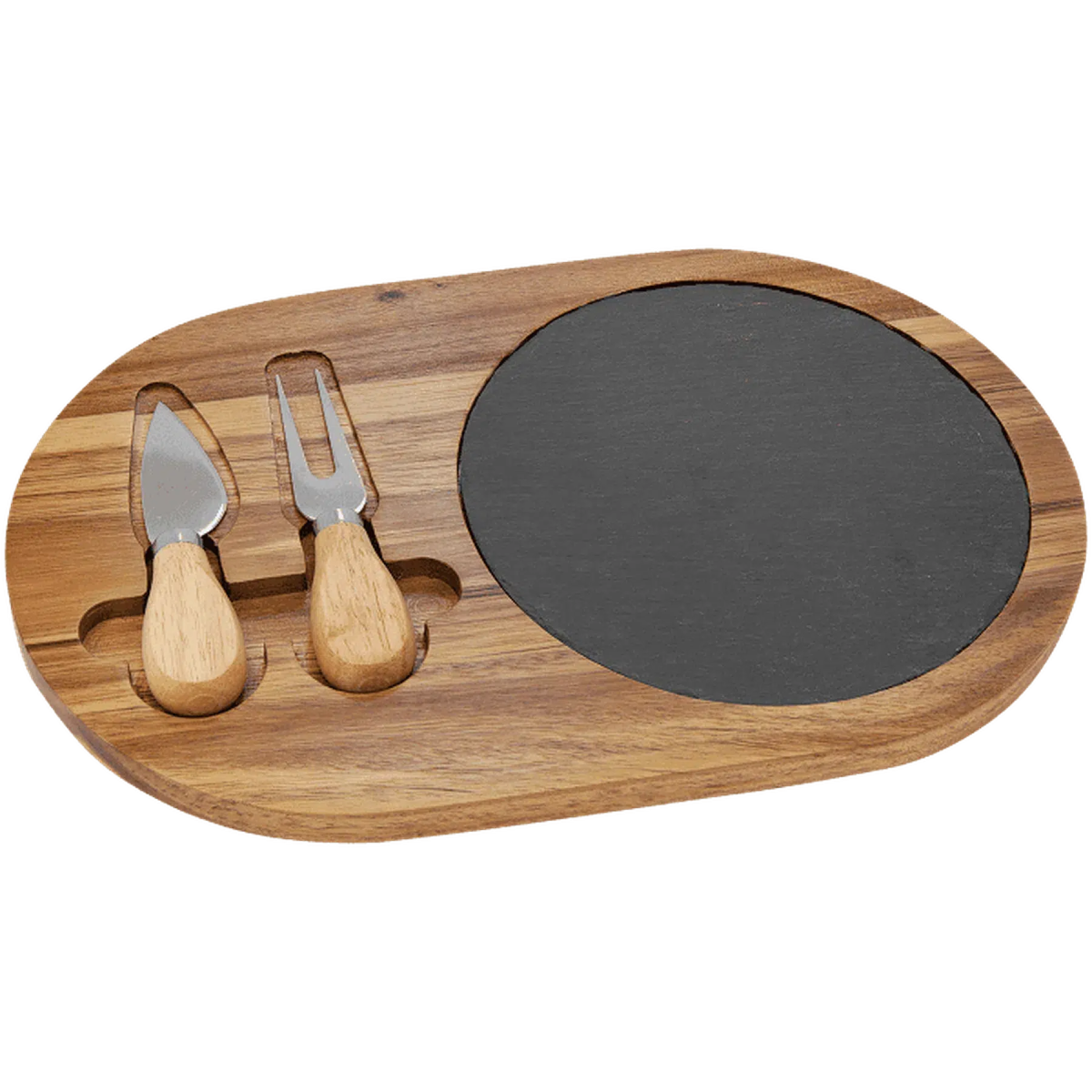 Engraved Acacia Wood and Slate Cheese Board Set with Serving Tools Oval (with 2 Cheese Tools) / 12 1/2" x 7 3/4"