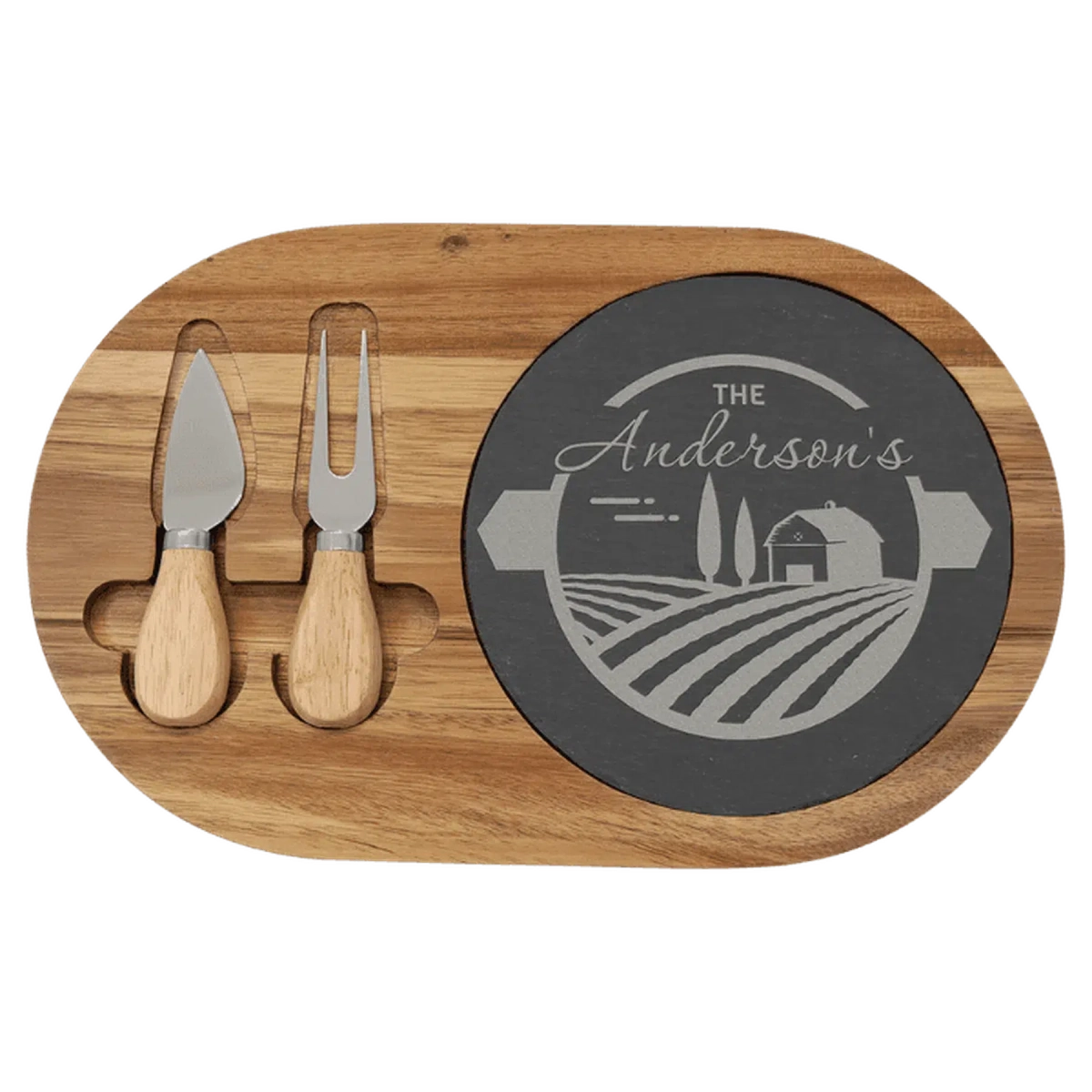 Engraved Acacia Wood and Slate Cheese Board Set with Serving Tools Oval (with 2 Cheese Tools) / 12 1/2" x 7 3/4"