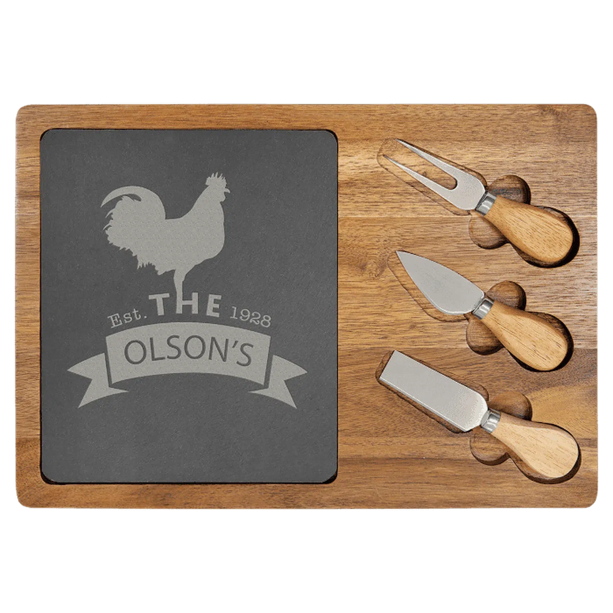 Engraved Acacia Wood and Slate Cheese Board Set with Serving Tools Rectangle (with 3 Cheese Tools) / 13 3/4" × 9 3/4"