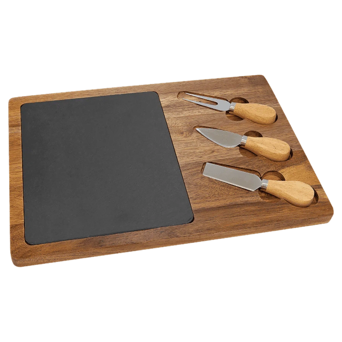 Engraved Acacia Wood and Slate Cheese Board Set with Serving Tools Oval (with 2 Cheese Tools) / 12 1/2" x 7 3/4"