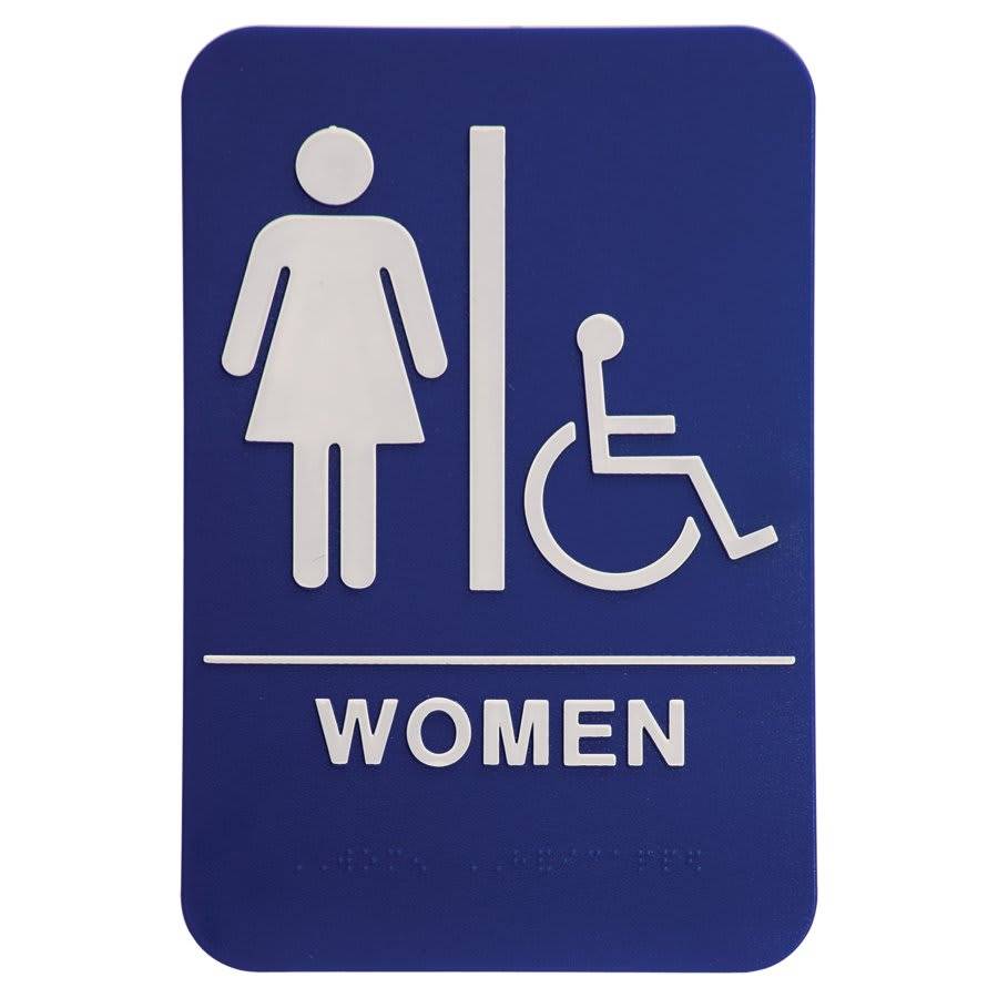 ADA Compliant Signs - Restroom and Access Signs with Braille Women's Restroom ADA Sign with Wheelchair / Blue / 6" x 9"