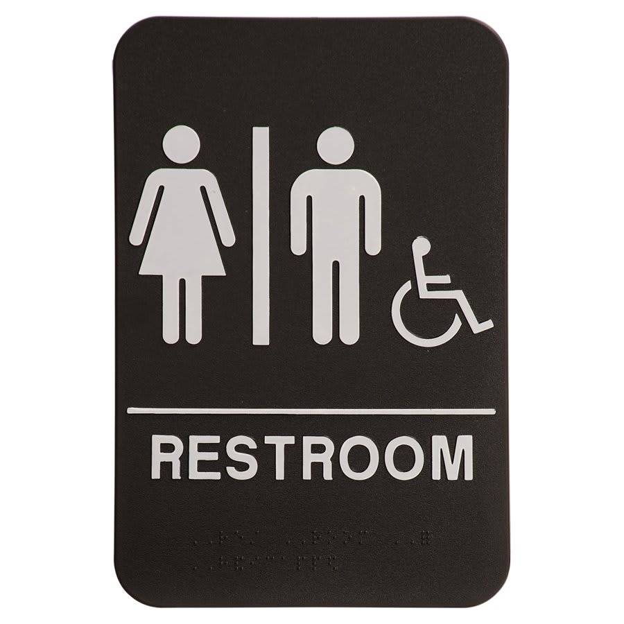 ADA Compliant Signs - Restroom and Access Signs with Braille Unisex Restroom ADA Sign with Wheelchair / Black / 6" x 9"
