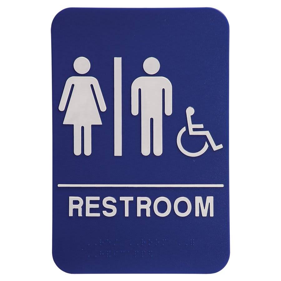 ADA Compliant Signs - Restroom and Access Signs with Braille Unisex Restroom ADA Sign with Wheelchair / Blue / 6" x 9"