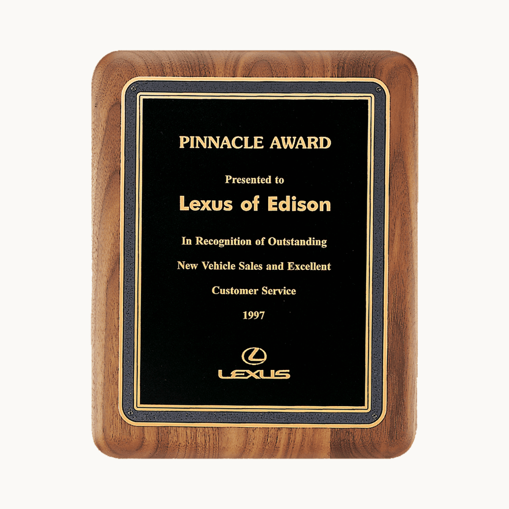 American Walnut Award Plaques with Florentine Brass Plates - Black and Gold Florentine Border