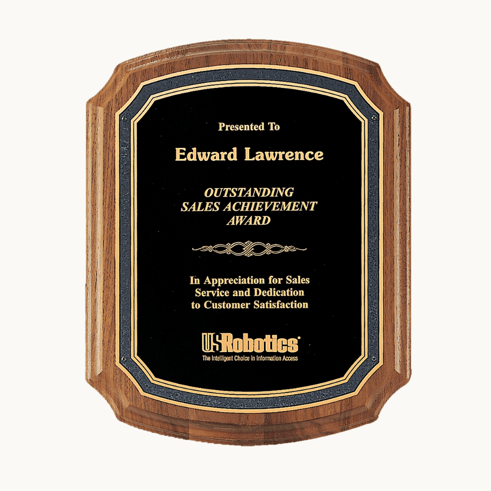 American Walnut Award Plaques with Florentine Brass Plates - Black and Gold Florentine Border