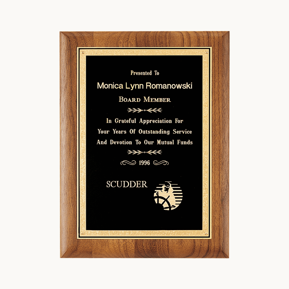 American Walnut Award Plaques with Florentine Brass Plates - Gold Florentine Border