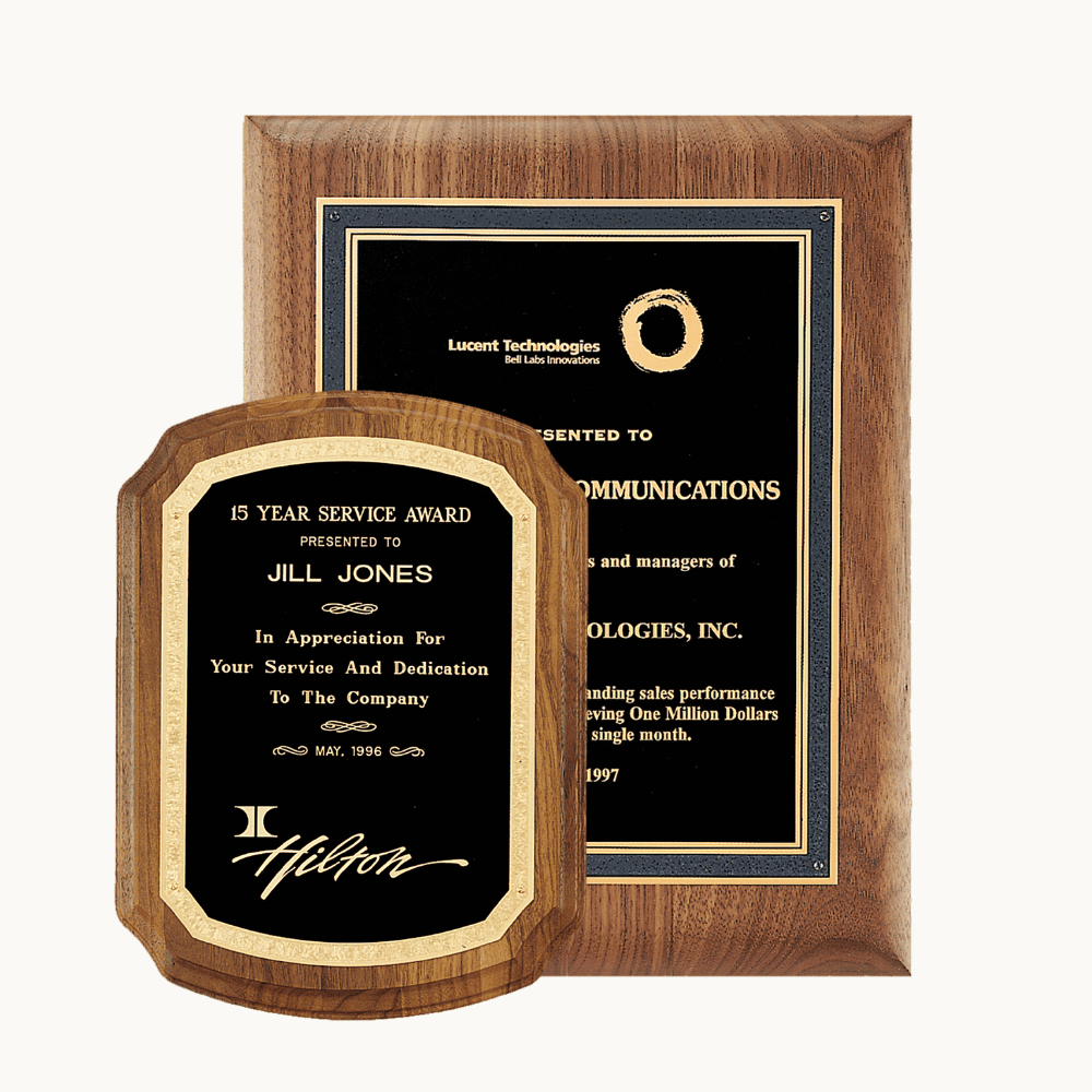 American Walnut Award Plaques with Florentine Brass Plates - Black and Gold Florentine Border