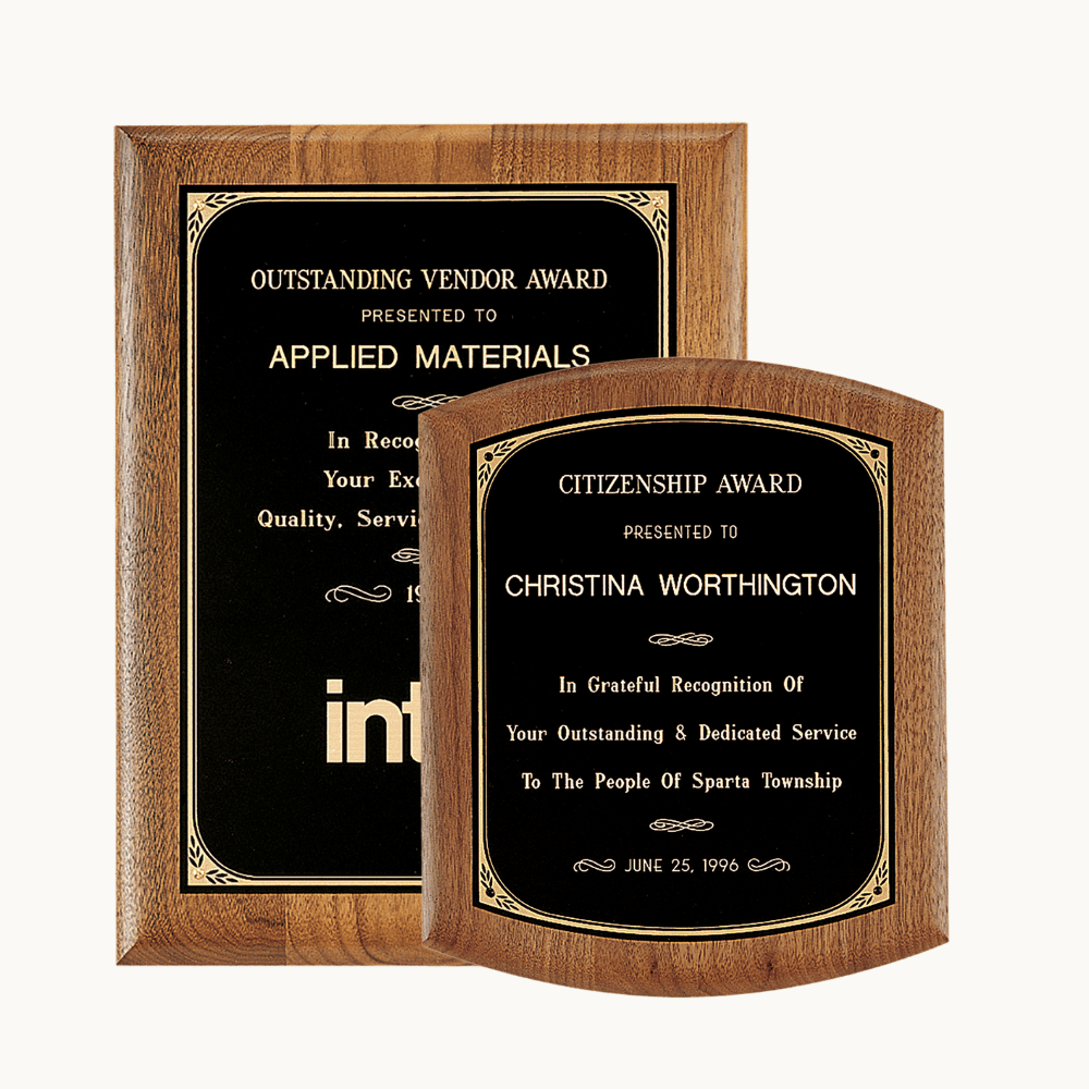 American Walnut Award Plaques with Gold Leaf Black Plates - Arched Top