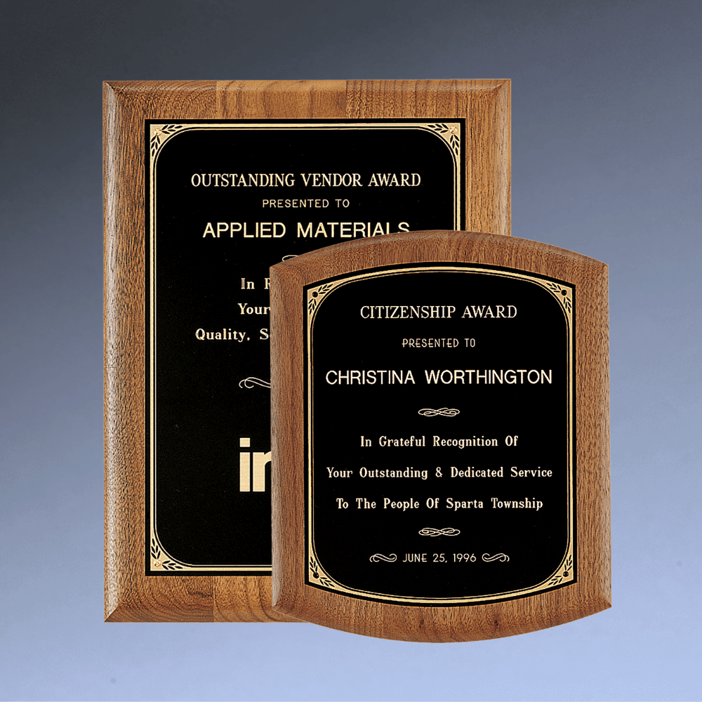 American Walnut Award Plaques with Gold Leaf Black Plates - Square Corners