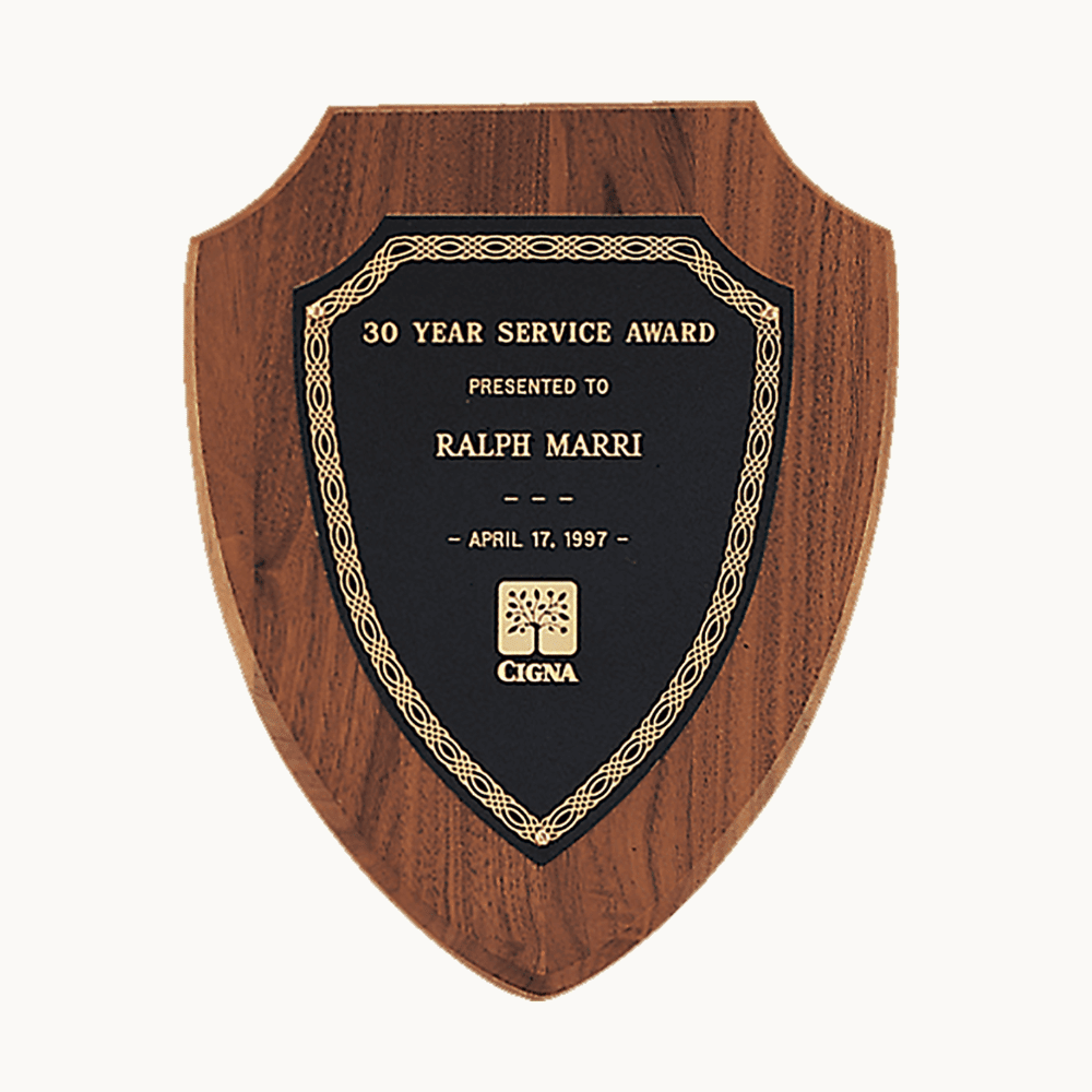 American Walnut Shield Plaques with Black & Gold Brass Plates - Classic