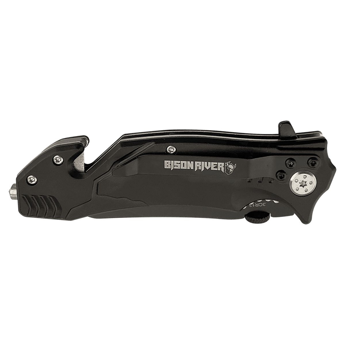 Personalized Bison River Rescue and Survival Knife Anodized Aluminum / Black Closed View
