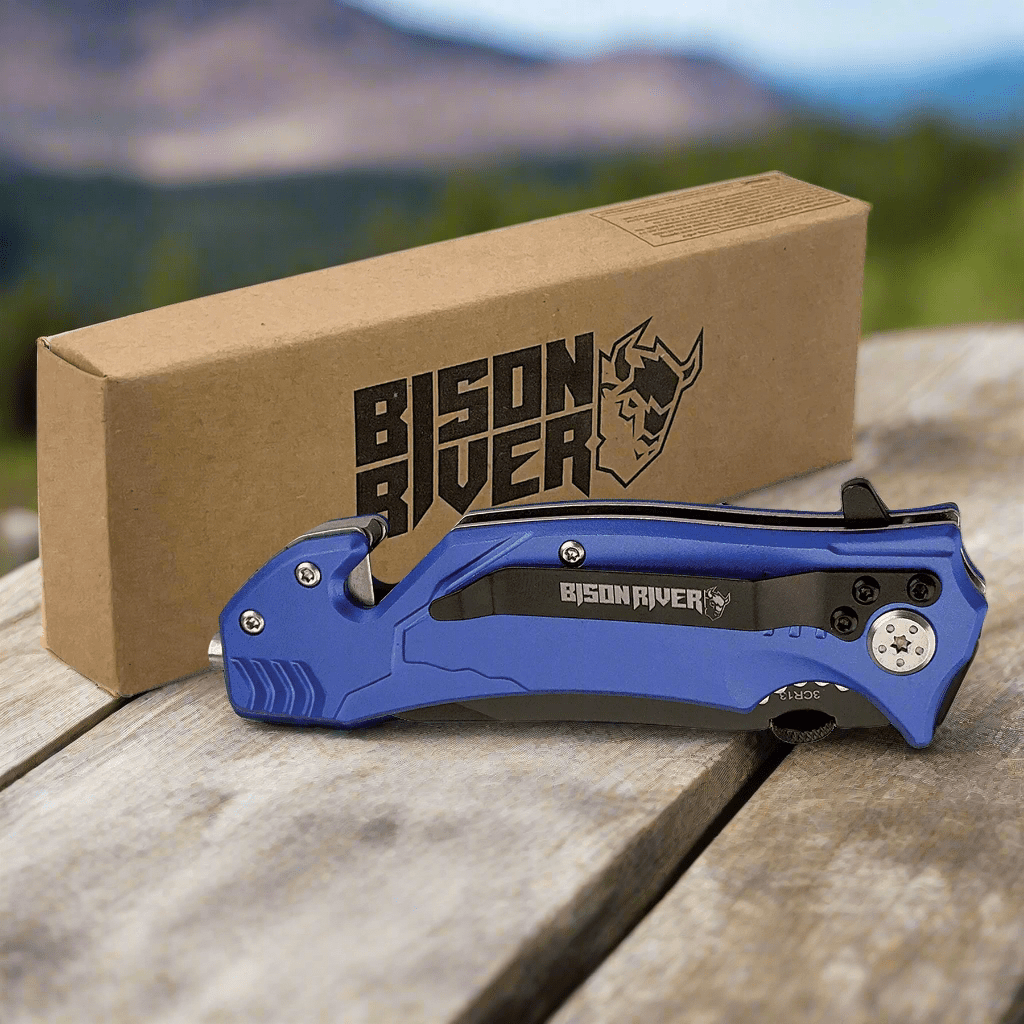 Personalized Bison River Rescue and Survival Knife Anodized Aluminum / Blue