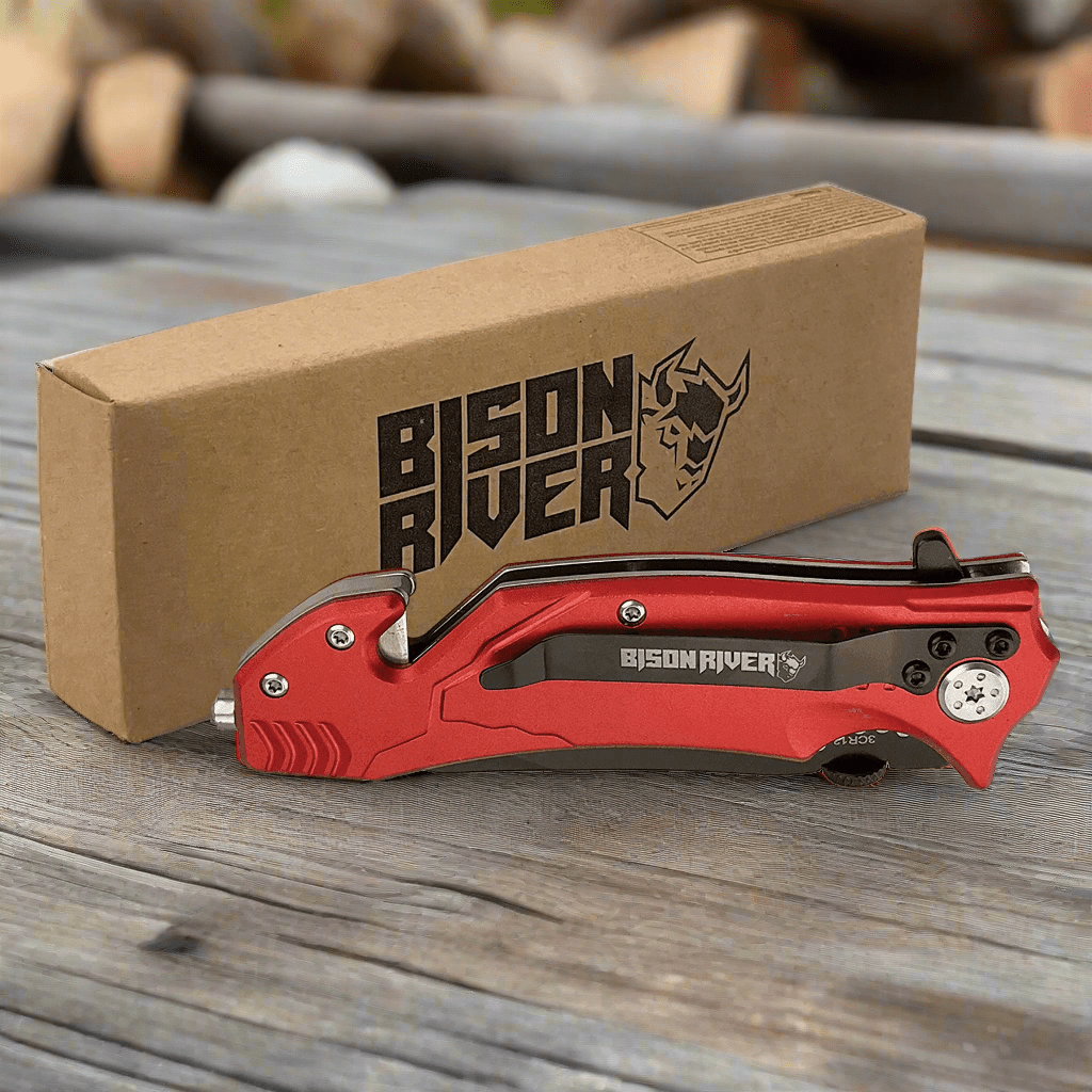 Personalized Bison River Rescue and Survival Knife Anodized Aluminum / Red