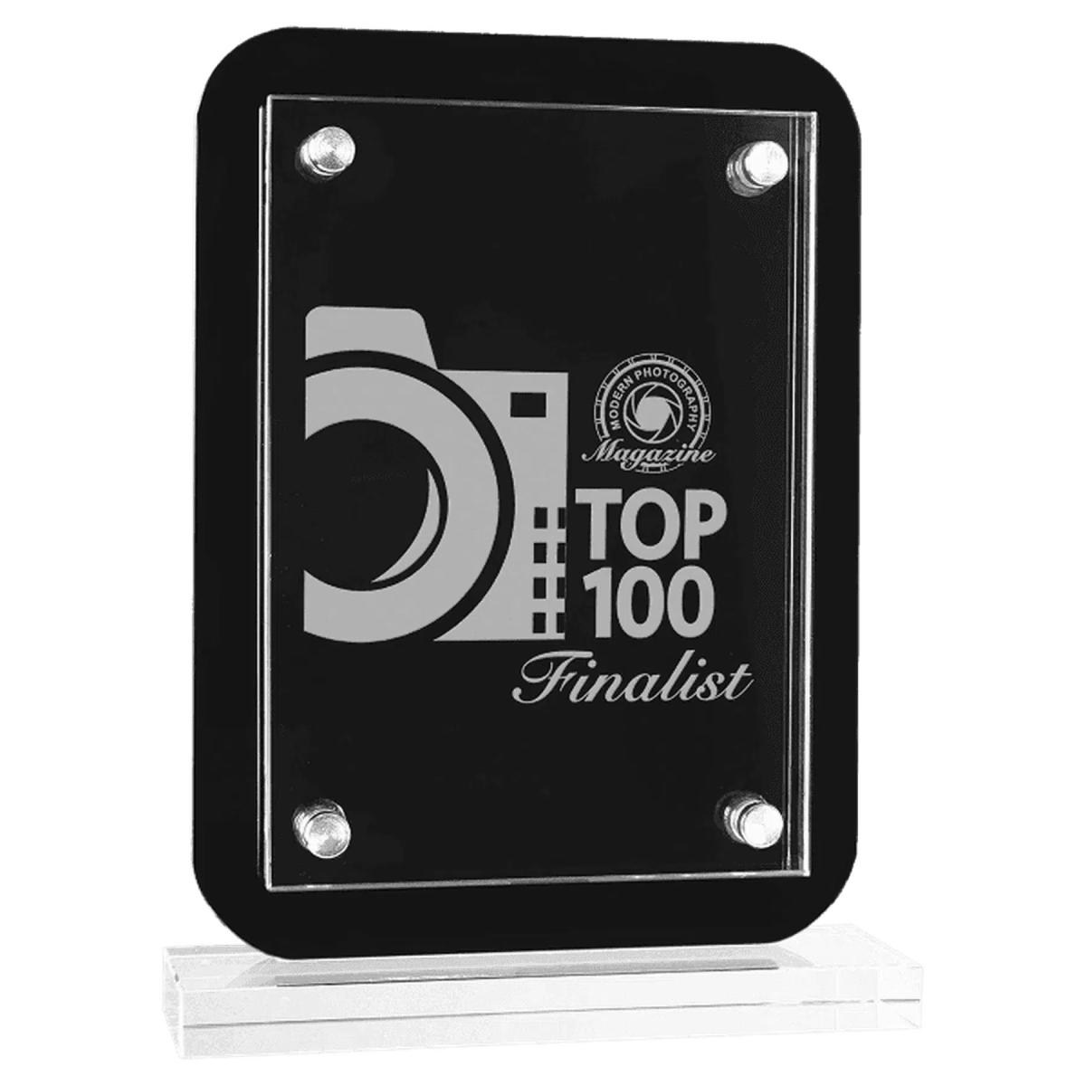 Floating Glass Stand Up Plaque with Black Piano Finish Backing 5 1/2" x 7 3/4"