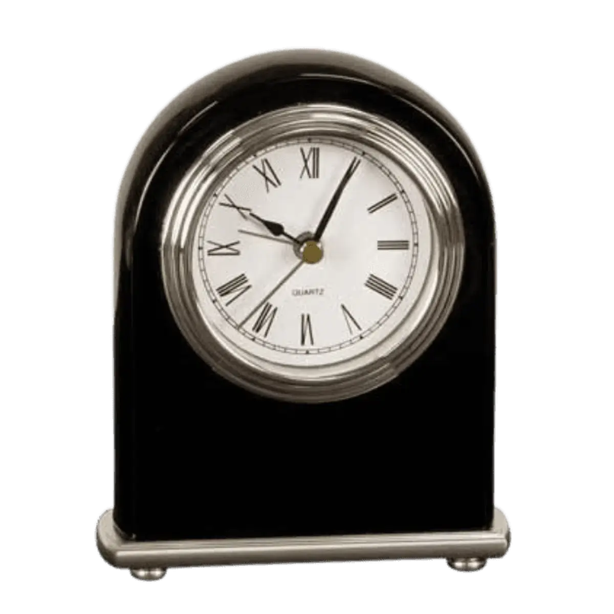 Custom Engraved Desk and Mantle Clocks with High Gloss Piano Finish Arch Top Desk Clock (Black Piano Finish) / 4" x 5" / Alarm - Silver Accents