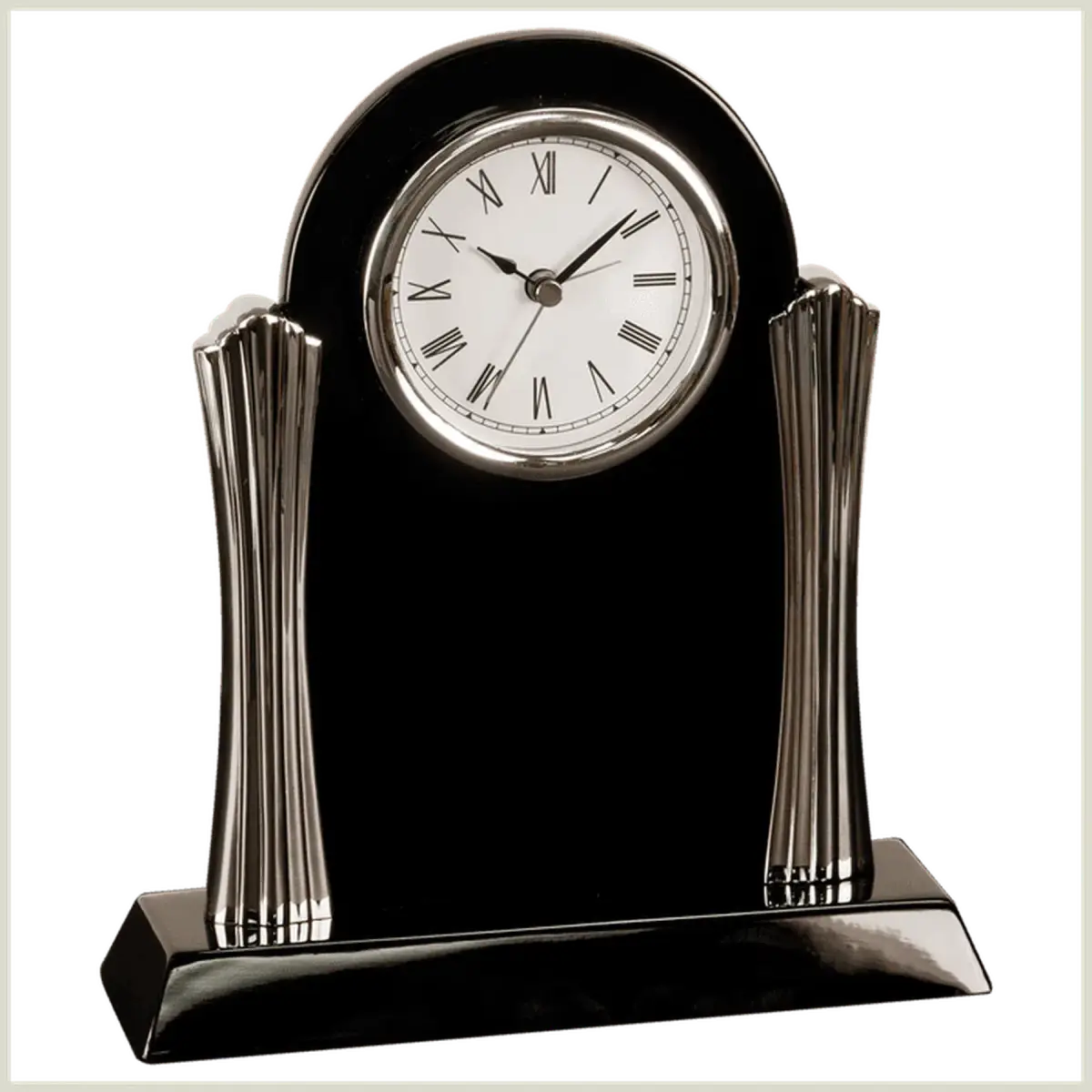 Custom Engraved Desk and Mantle Clocks with High Gloss Piano Finish Executive Mantle Clock with Silver Columns (Black Piano Finish) / 8 1/4" x 7 1/2" / Alarm - Silver Accents