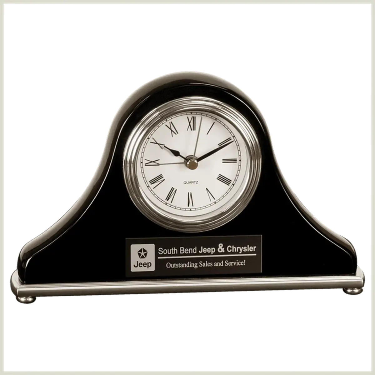 Custom Engraved Desk and Mantle Clocks with High Gloss Piano Finish Mantel Clock (Black Piano Finish) / 7 1/2" x 4 1/2" / Alarm - Silver Accents