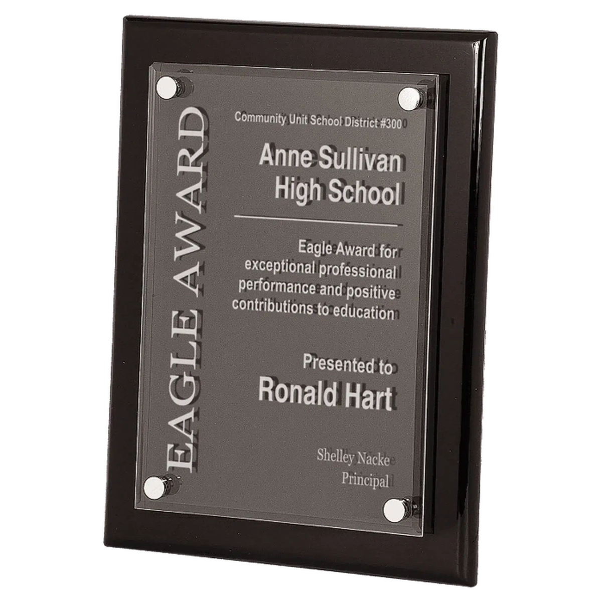 Floating Acrylic Award Plaque with High-Gloss Piano Finish Backing Black Piano Finish / 8" x 10"