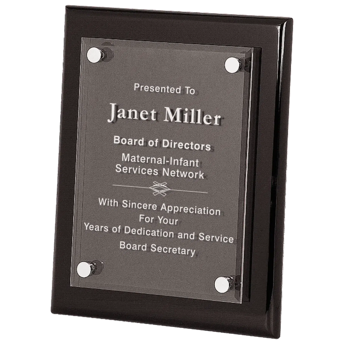 Floating Acrylic Award Plaque with High-Gloss Piano Finish Backing Black Piano Finish / 8" x 10"