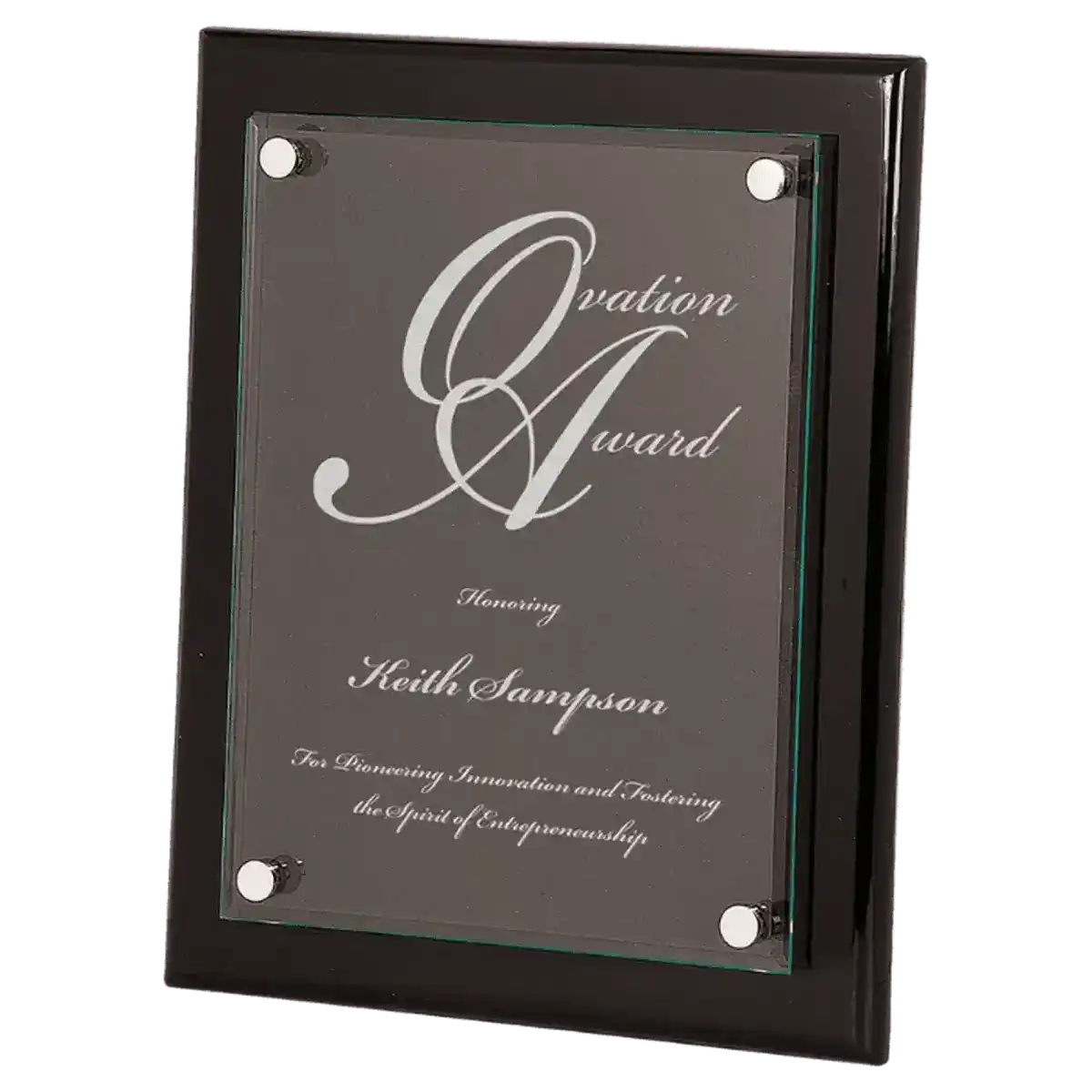 Floating Glass Plaque with Black Piano Finish Backing 9" x 12"