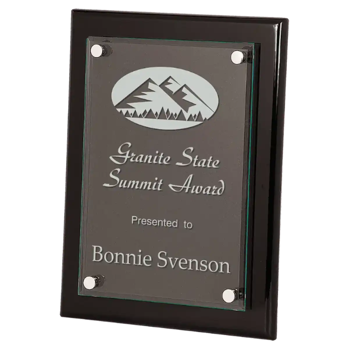 Floating Glass Plaque with Black Piano Finish Backing 8" x 10"