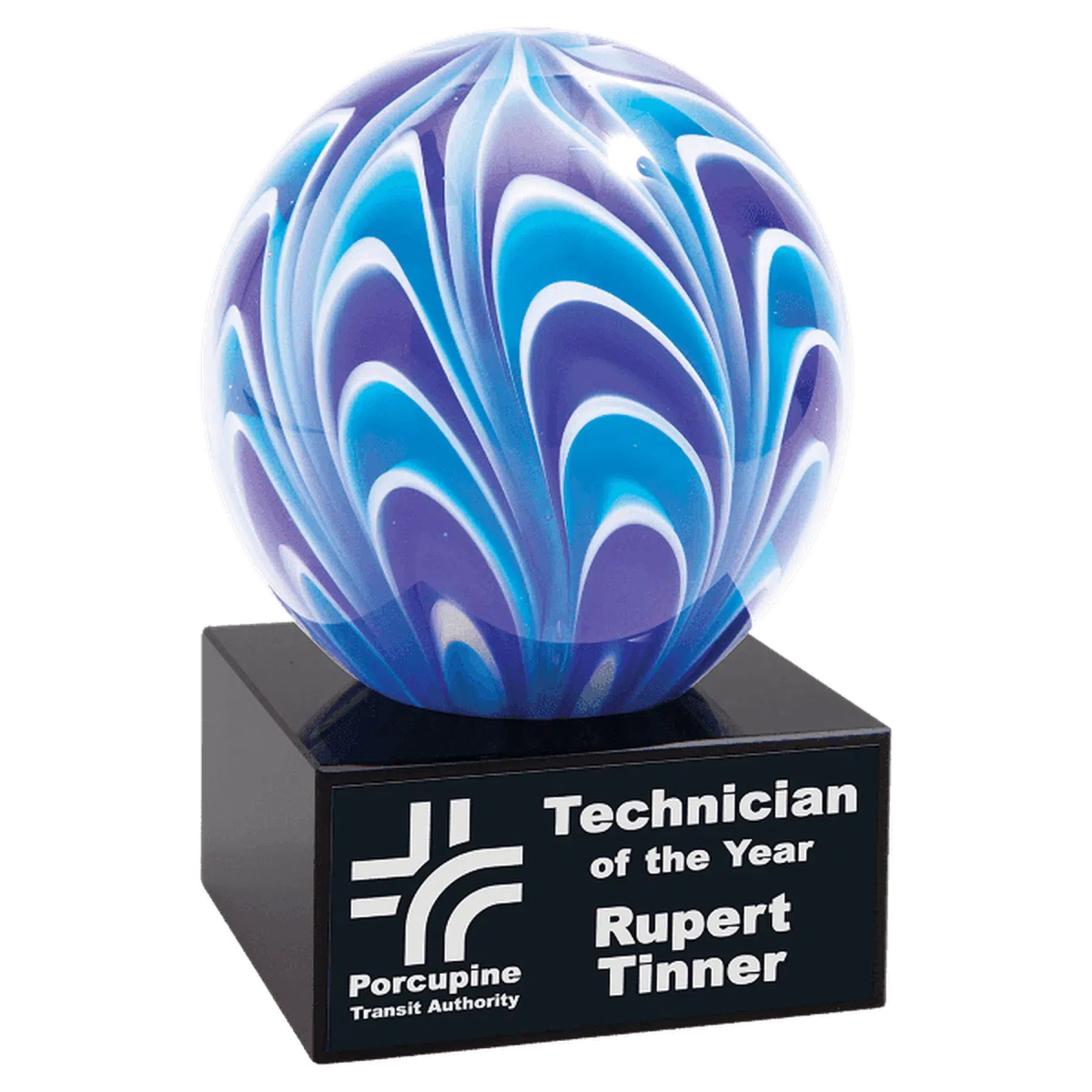 Art Glass Globe – Hand-Blown Sphere for Awards & Recognition Blue Swirl / Single-Sided Engraving on Base (plate not included) / 3 1/2"(L) x 3 1/2"(W) x 5"(H)