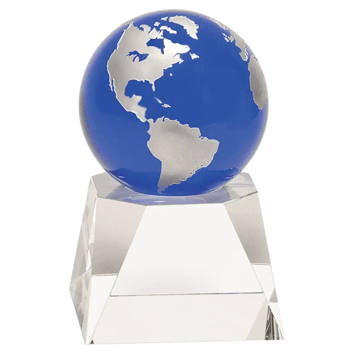 Laser Etched Crystal Globes – Awards, Paperweights and Gifts Removable Recessed Globe / Blue Globe/Clear Base / 5"