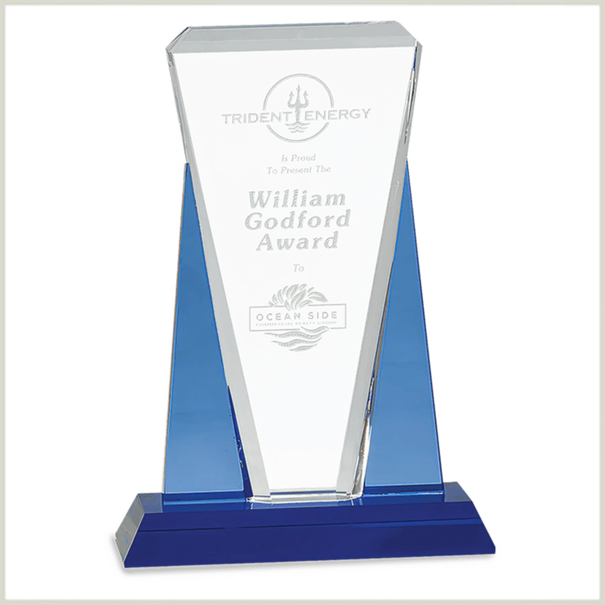 Blue Crystal Wedge Award with Blue Pedestal Base and Accents 6" x 8 1/2"