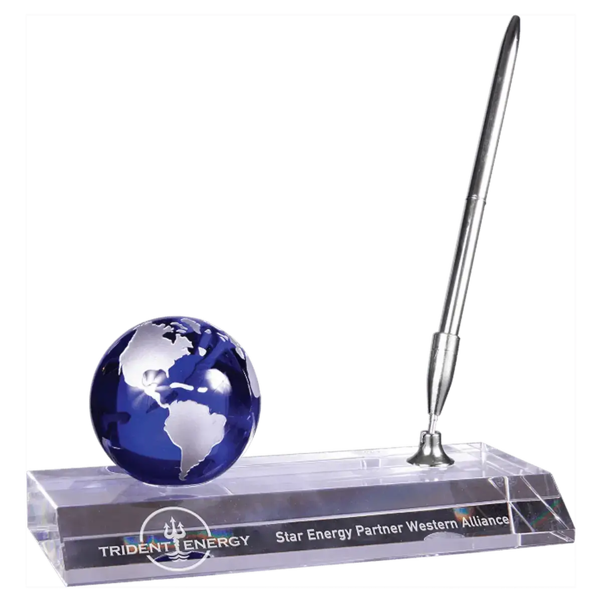 Laser Etched Crystal Globes – Awards, Paperweights and Gifts Pen Desk Set / Blue Globe/Clear Base / 7" x 3"
