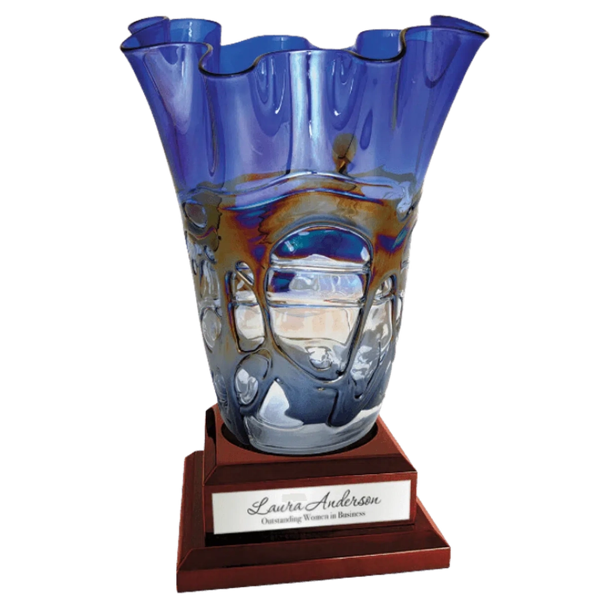 Blue Scalloped Art Glass Vase - Hand-Blown Glass for Awards and Decor with Optional Base