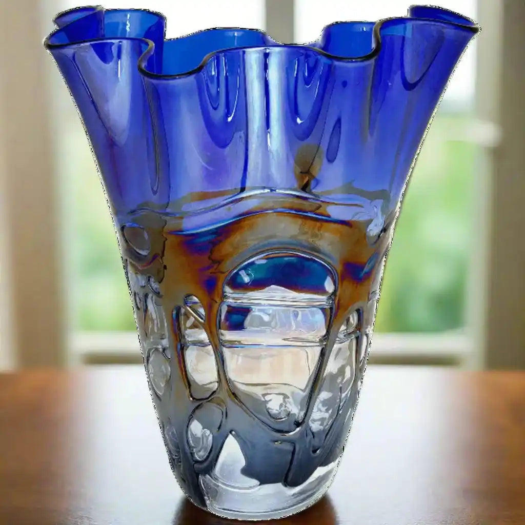 Blue Scalloped Art Glass Vase - Hand-Blown Glass for Awards and Decor
