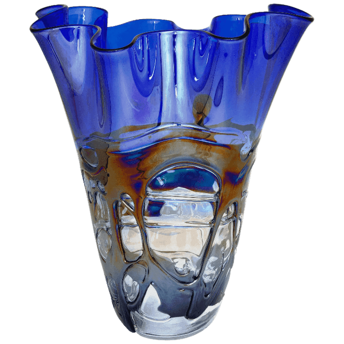 Blue Scalloped Art Glass Vase - Hand-Blown Glass for Awards and Decor