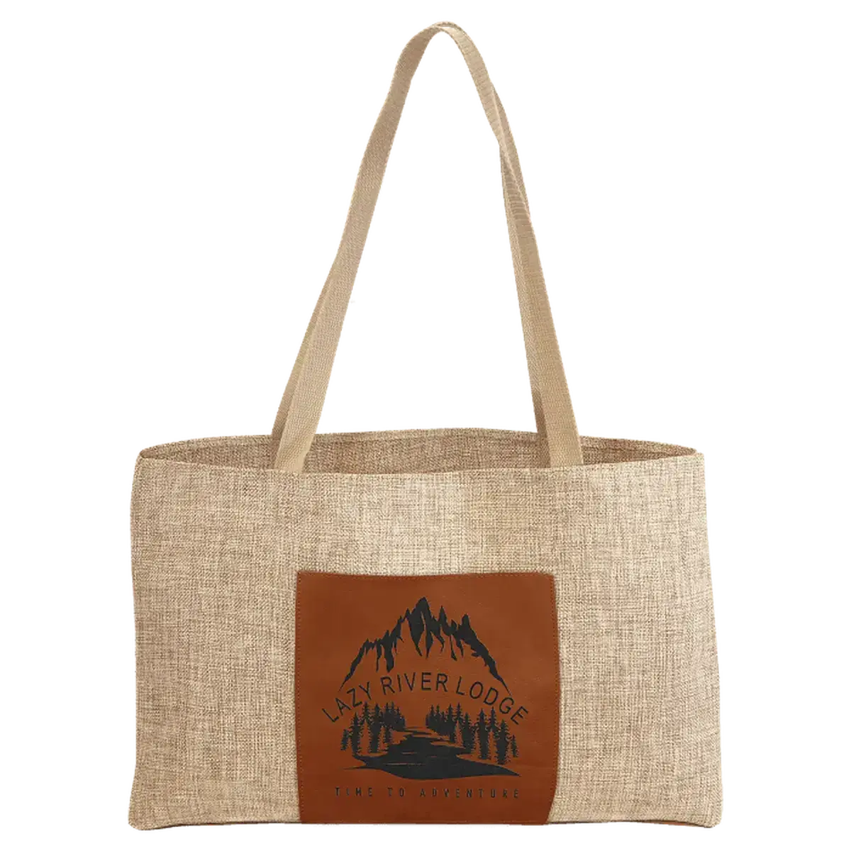 Personalized Burlap Carry Bag with 5" Gusset and Leatherette Color Trim Rawhide / Burlap