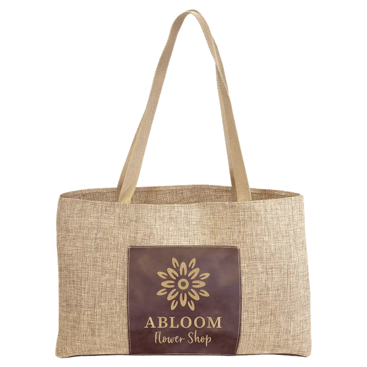 Personalized Burlap Carry Bag with 5" Gusset and Leatherette Color Trim Rustic/Gold / Burlap