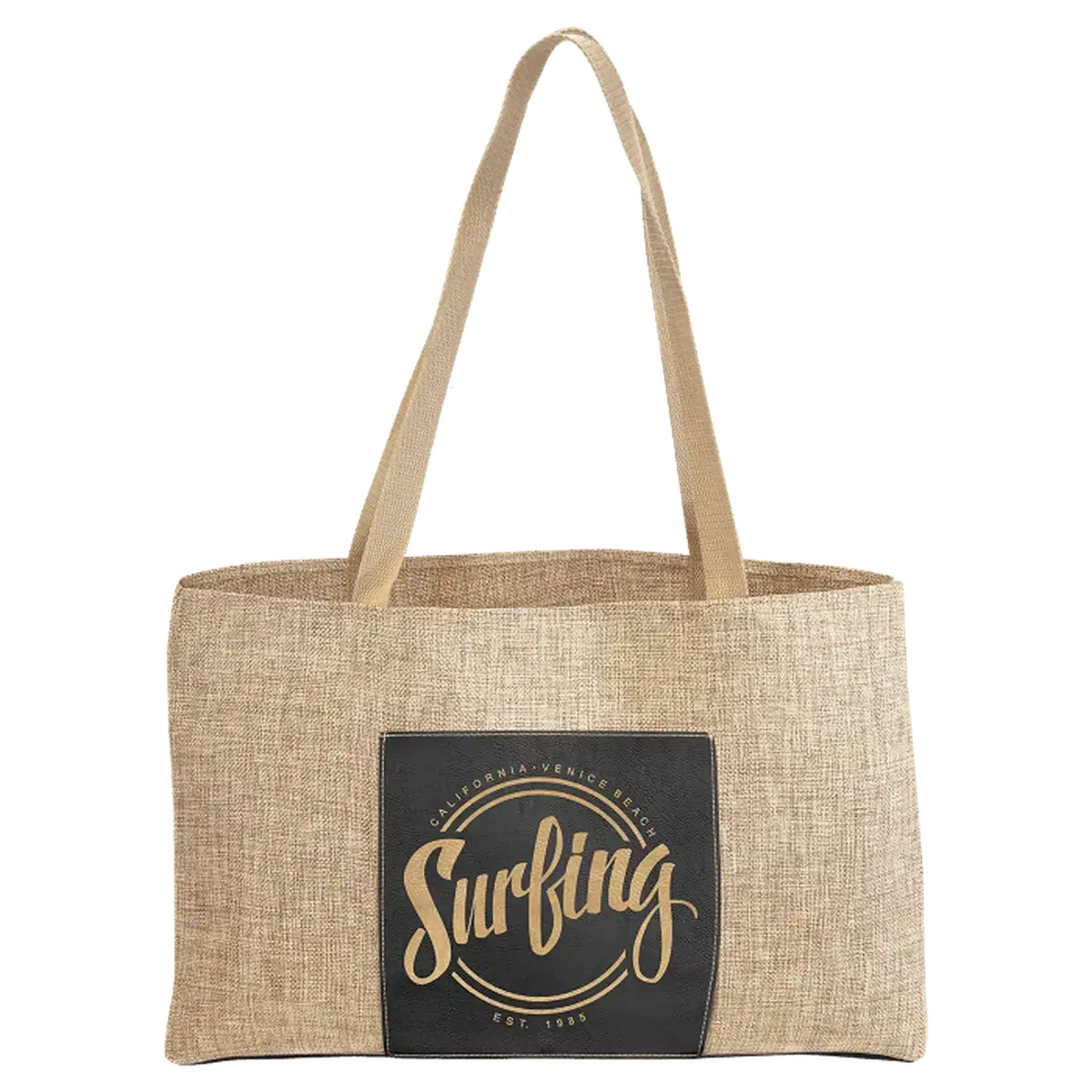 Personalized Burlap Carry Bag with 5" Gusset and Leatherette Color Trim Black/Gold / Burlap