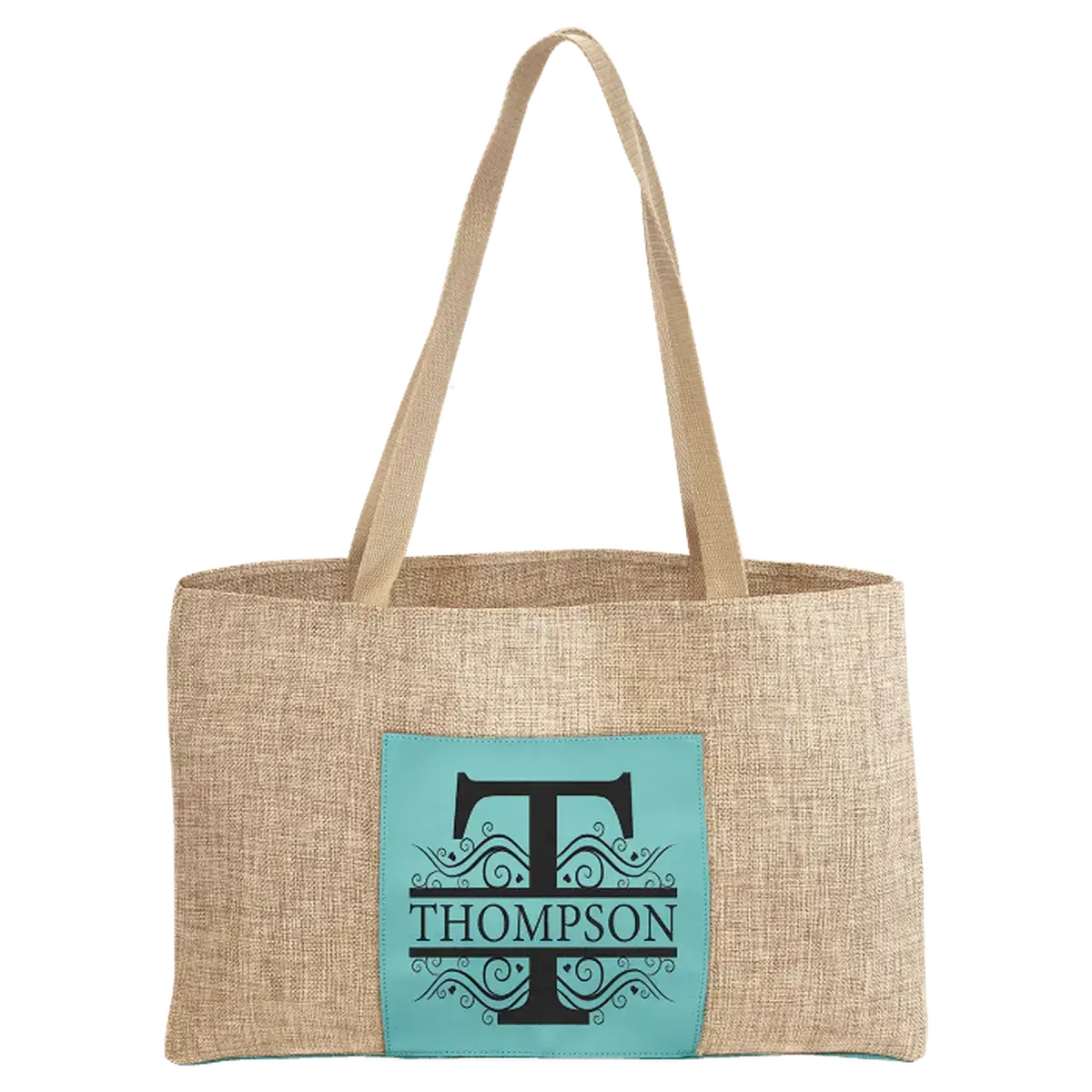 Personalized Burlap Carry Bag with 5" Gusset and Leatherette Color Trim Teal / Burlap