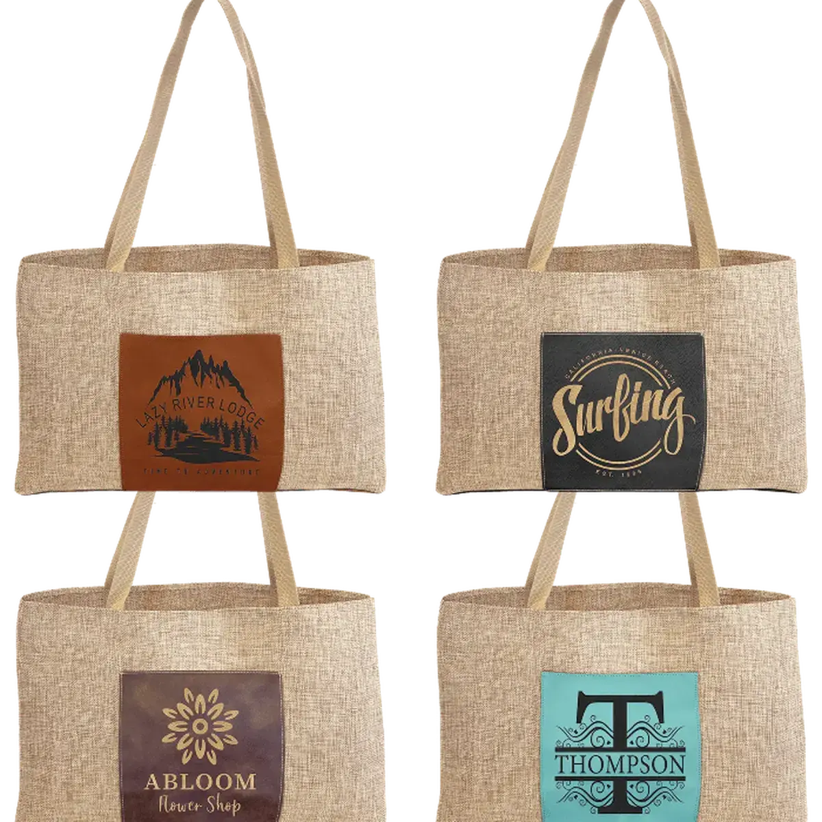 Personalized Burlap Carry Bag with 5" Gusset and Leatherette Color Trim Rawhide / Burlap