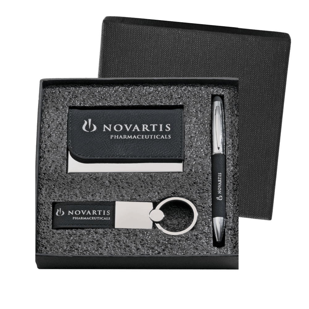 Business Card Gift Sets - Engraved Professional Gifts - Black Leatherette