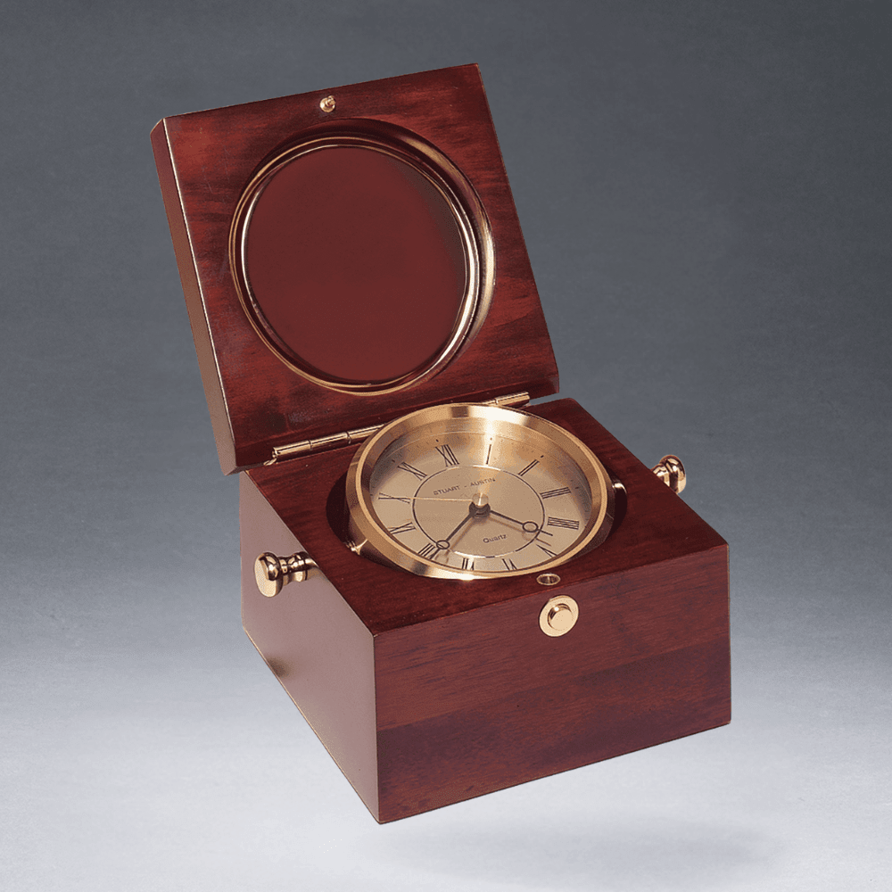 Captain's Clock - Solid Brass Housing and Mahogany Finish - 5 1/2" x 5 1/2"