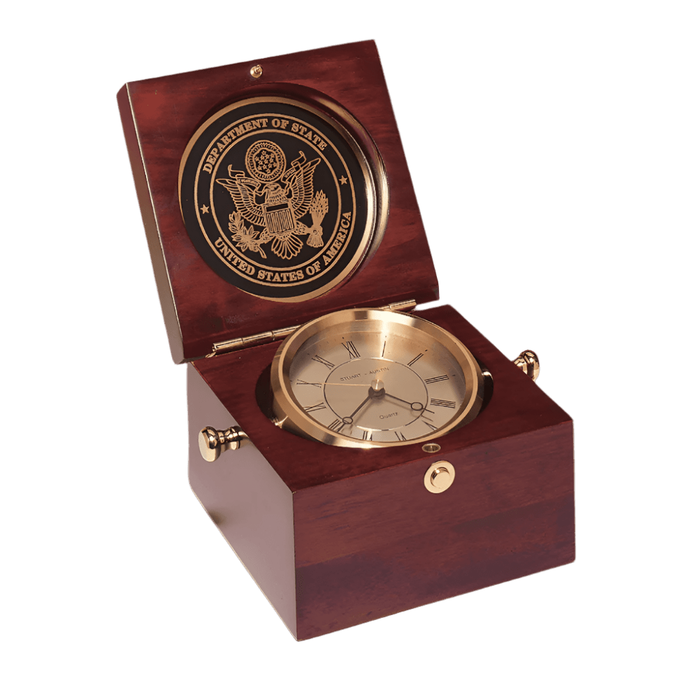 Captain's Clock - Solid Brass Housing and Mahogany Finish - 5 1/2" x 5 1/2"