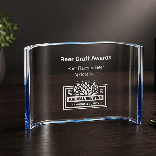 Clear Acrylic Crescent Awards | Clear and Blue Edge - Clear