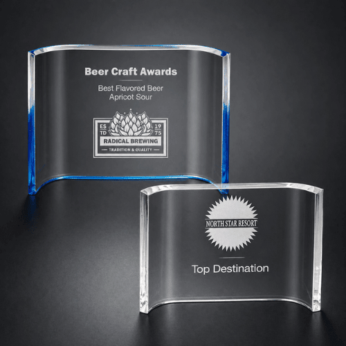Clear Acrylic Crescent Awards | Clear and Blue Edge - Blue Edge