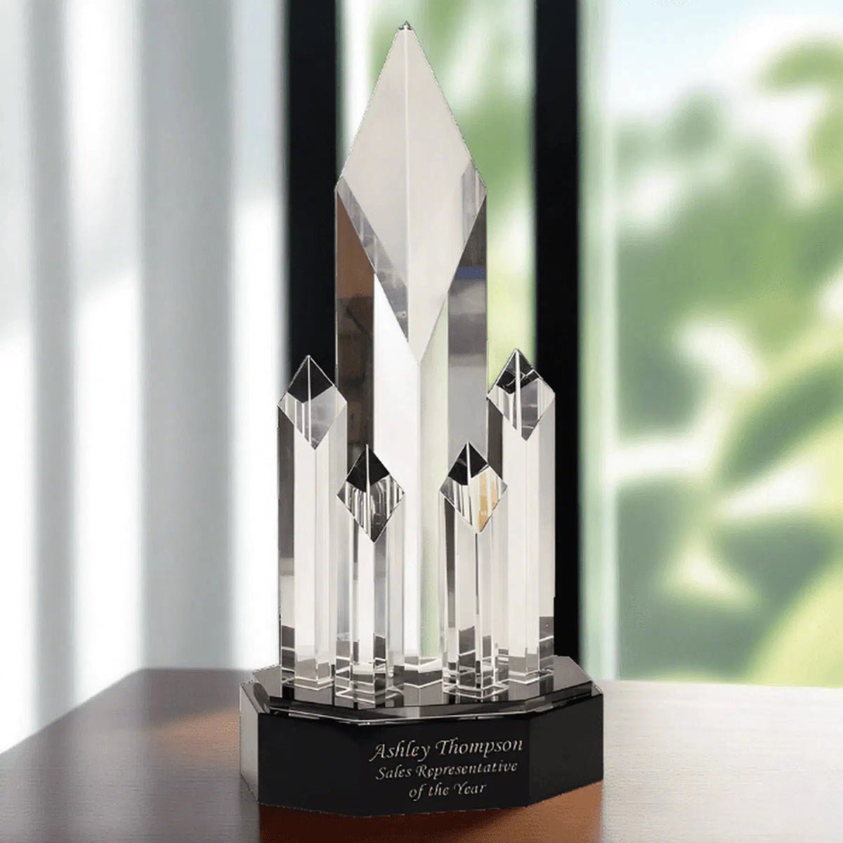 Clear Crystal 5 Rising Diamond Award on Black Pedestal Base - 5 1/4"(L) x 11"(H)